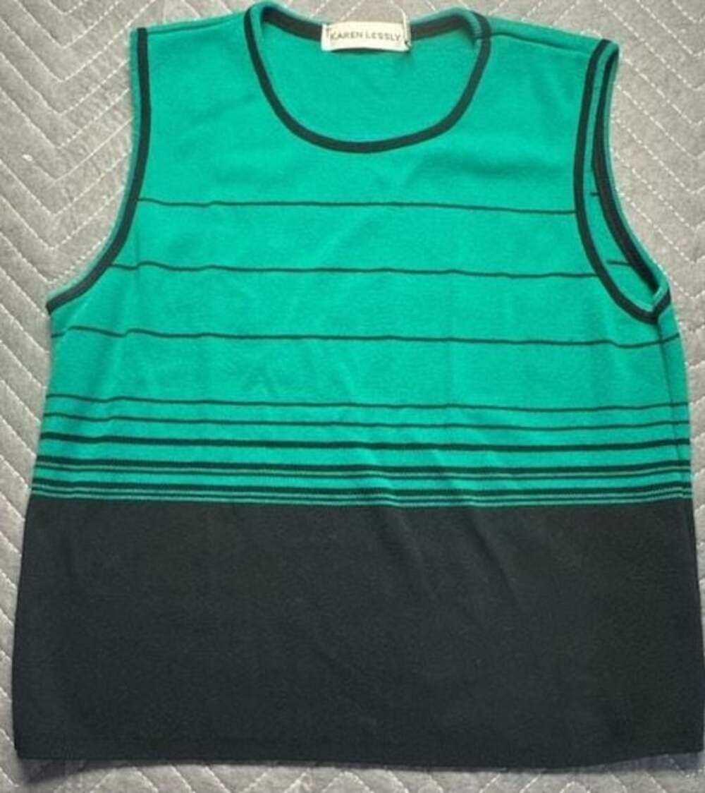 Karen Lessly Vintage Green Black Striped Colorblock Knit Tank S vintage made USA